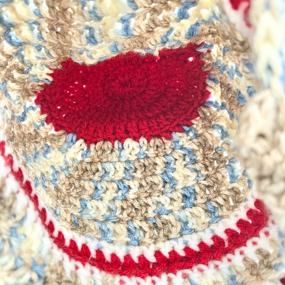 Crochet Hat Blues Browns Red with Ear Flaps and Ties and Pom Pom - Picture 4 of 9